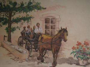 une peinture d'un groupe de personnes dans une calèche tirée par des chevaux dans l'établissement Gîte Flainval, 6 pièces, 10 personnes - FR-1-584-37, 