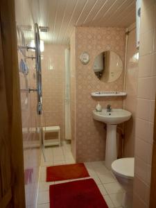 a bathroom with a sink and a shower at Sodyba Dubinga in Molėtai