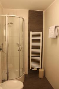 La salle de bains est pourvue d'une douche en verre et de toilettes. dans l'établissement Hotel Höfler B&B, à Nuremberg
