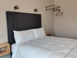 a bedroom with a white bed with a black headboard at Number 53 in Galway