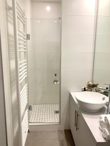 y baño blanco con lavabo y ducha. en Appartement Hyper-centre Colmar en Colmar