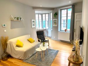 Appartement Hyper-centre Colmar في كولمار: غرفة معيشة فيها سرير وكرسي