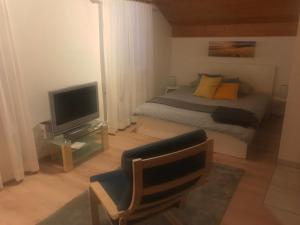 Schlafzimmer mit einem Bett, einem TV und einem Stuhl in der Unterkunft Studio Central Grindelwald in Grindelwald