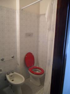 baño con aseo rojo y lavamanos en Albergo Giardino en Badia Prataglia