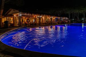 una piscina notturna con luci blu di Arcobaleno Village a Marina di Bibbona Altre 37 foto