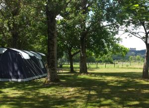 a tent in the shade of trees in a field at Camping Belle Vue in Boisseuilh