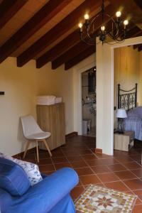 sala de estar con sofá azul y mesa en Locanda OSTERIA LA MILONGA, en Agliano Terme