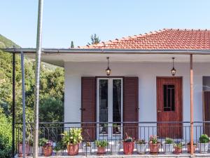 une maison avec des plantes en pot sur un balcon dans l'établissement La Olga Apartment Lefkada, à Sívros