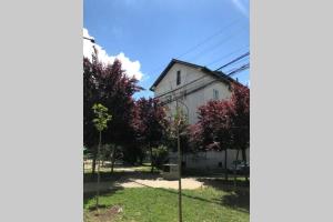 a house with trees in front of it at Cozy apartment in the Old Center of Prishtina in Pristina