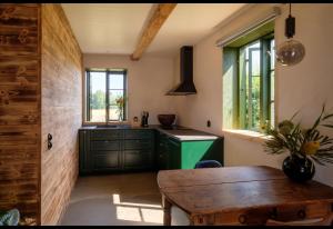 a kitchen with green cabinets and a wooden table at Fröken Hjorts Bed and Breakfast in Höganäs