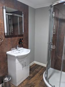 
a bathroom with a shower, sink, and tub at Edderton Lodge in Tain
