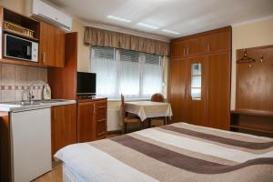 a hotel room with a bed and a kitchen at Molnár Apartment in Sárvár