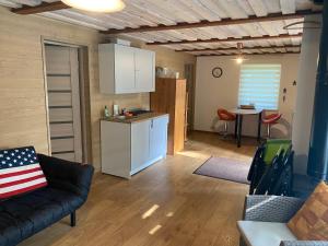 a living room with a couch and a kitchen at Usma DZ in Usmenieki