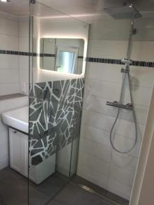 a bathroom with a shower and a sink and a mirror at Ferienwohnung Klockenhagen 2 in Ribnitz-Damgarten