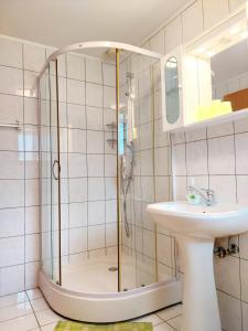 y baño con ducha y lavamanos. en Apartments Sušnik, en Bohinj