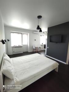 a white bedroom with a bed and a flat screen tv at White Apartment in Poltava