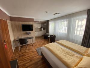 Schlafzimmer mit einem Bett, einem Schreibtisch und einem TV in der Unterkunft ZUM ZIEL Hotel Grenzach-Wyhlen bei Basel in Grenzach-Wyhlen