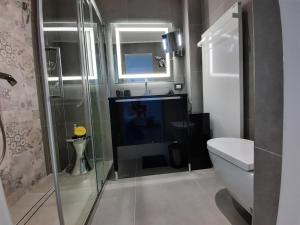 a bathroom with a toilet and a television in it at Palms Luxury Suites Sanremo in Sanremo