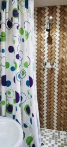 a bathroom with a shower curtain and a sink at Lytton Cresent B&B in Pinetown +36 photos