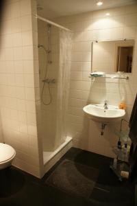 a bathroom with a sink and a shower and a toilet at Appartement de Gouw in Noordgouwe +20 photos
