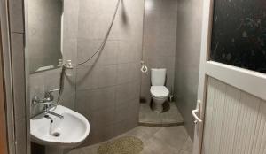 a small bathroom with a sink and a toilet at Guest House Barbi in Batumi