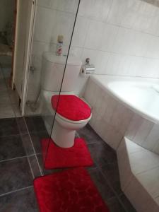 a bathroom with a toilet with a red seat at Lytton Cresent B&B in Pinetown