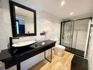 a bathroom with a sink and a mirror and a toilet at Akla Hotel Suites Valles Pasiegos in Saro