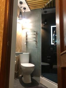 a bathroom with a toilet and a bath tub at Krashanka in Tatariv