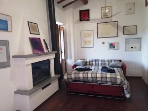 een slaapkamer met een bed en een open haard bij Casa Gianfranco Millepapaverirossi in Cese