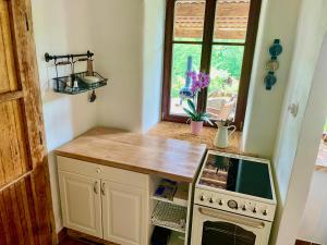 a kitchen with a counter and a stove and a window at Apartmány pod Kozákem in Velké Popovice