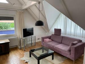 a living room with a purple couch and a tv at Gaensebluemchen 2 Apartment daisy 2 in Walsdorf