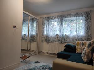 布拉索夫的住宿－Garsoniera cocheta zona Coresi mall，客厅配有蓝色的沙发和窗帘