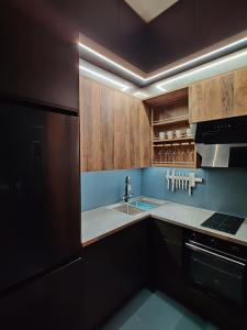 a kitchen with wooden cabinets and a sink at Pasta Amber Lux in Liepāja +20 photos