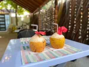 two coconuts sitting on top of a table at Manta Stay Thoddoo, Maldives in Thoddoo
