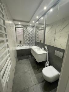 a bathroom with a toilet and a sink and a mirror at Solanki Apartament Solankowa Aleja Loft in Inowrocław