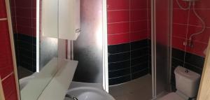 La salle de bains est pourvue d'une douche, de toilettes et d'un lavabo. dans l'établissement Denizkızı Apart, à Küçükköy