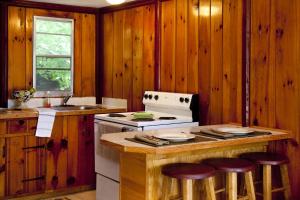 a kitchen with a stove and some wooden walls at Rock Castle Resort in Lake George