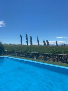 ein großer blauer Pool mit Bäumen im Hintergrund in der Unterkunft Tres Marías in Alto de Sierra
