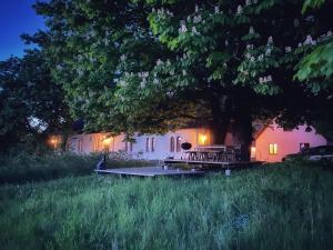 una casa con una mesa de picnic bajo un árbol por la noche en Gladeholm - Kivik - artist studio en Kivik