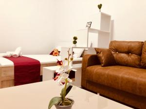 uma sala de estar com 2 camas, um sofá e uma mesa em Joy City Stay Paris 5&6 em Timisoara