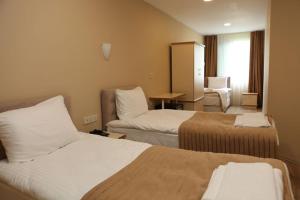イスタンブールにあるザ マリスト ホテル カディコイのベッド2台とデスクが備わるホテルルームです。