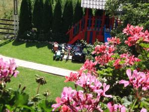 a garden with pink flowers and a playground at Vila Deni in Bran