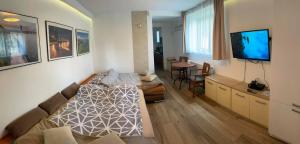 Zimmer mit einem Bett, einem Sofa und einem TV in der Unterkunft Gdynia99 in Gdynia