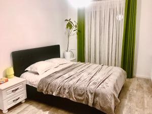una camera con letto e finestra con tende verdi di Reea`s Apartment in Sibiu a Sibiu