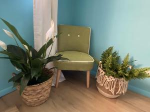 une chaise verte assise à côté de deux plantes en pot dans l'établissement Ibiza Vibes Studio - Festive, Beach & Sun Atmosphere - Amazing location IN city center, à Namur