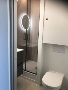 een badkamer met toilet en glazen douche bij Work or holiday nieuw studio Santhooft in Nieuwpoort