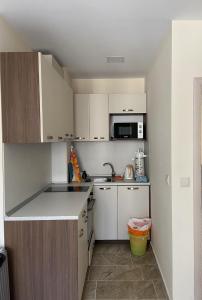 a small kitchen with white cabinets and a sink at Apartments Pomorie Tundzha 9 in Pomorie