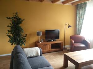 a living room with a couch and a tv at Ooldershoeve in Onstwedde