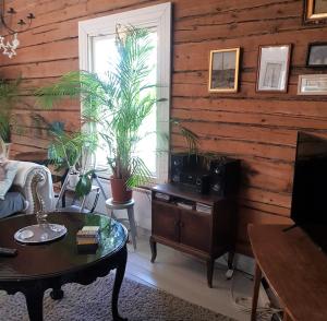 a living room with a couch and a table at Hirsihuvila, sauna ja kylpyamme, levollista olemista in Loppi