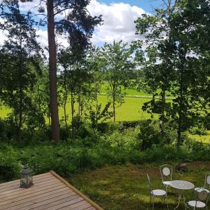 a patio with two tables and chairs and a field at Rauhaa, hyvää unta maaseudulla in Loppi